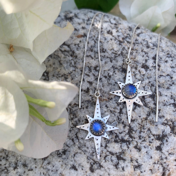 Star & moonstone threader earrings in silver
