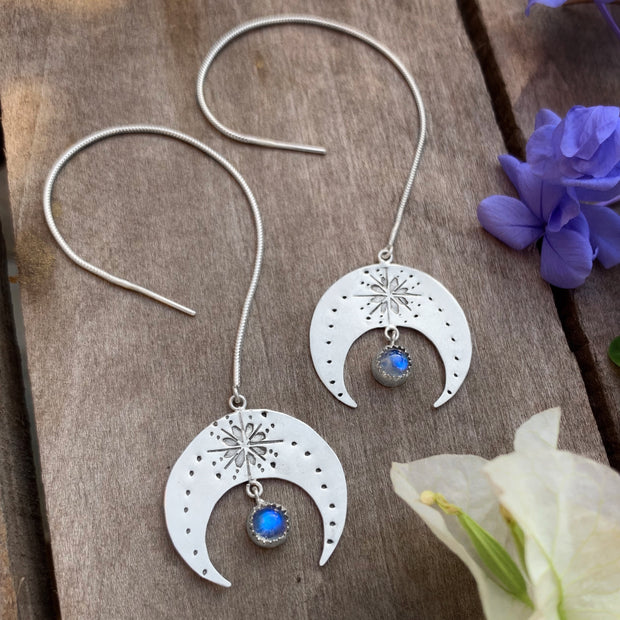 Moon & moonstone threader earrings in silver