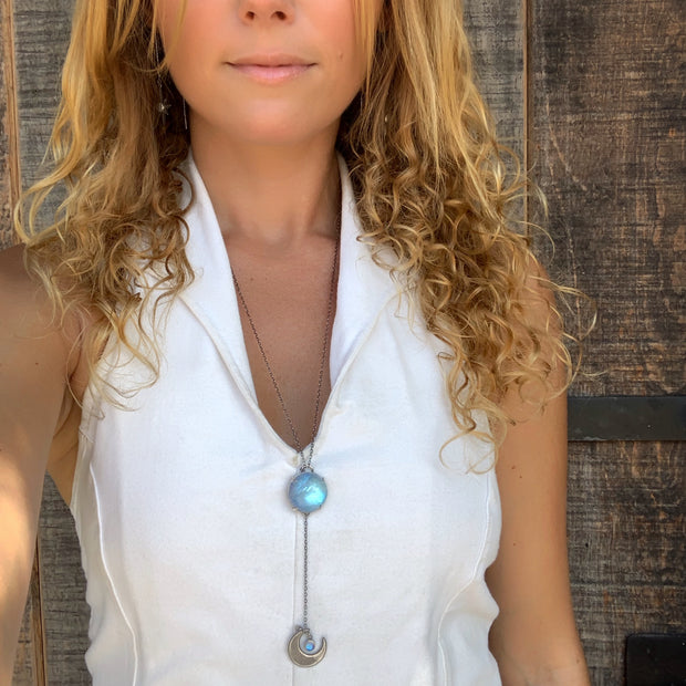 Moonstone & moon lariat necklace in silver