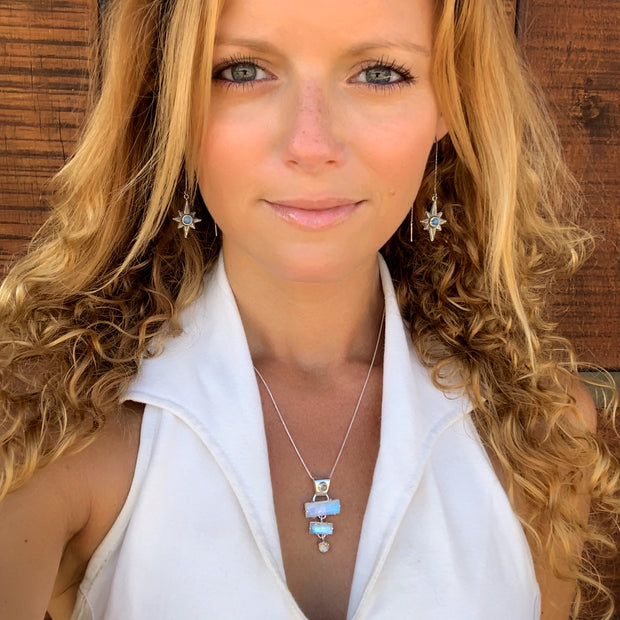 Star & moonstone threader earrings in silver
