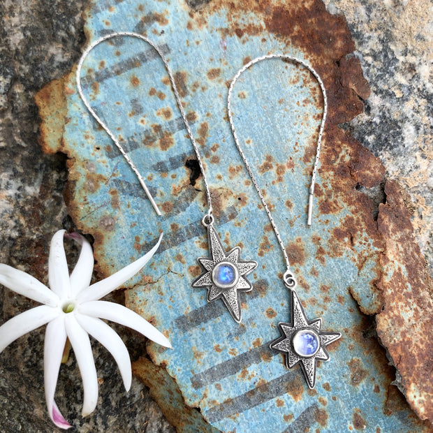 Star & moonstone threader earrings in silver