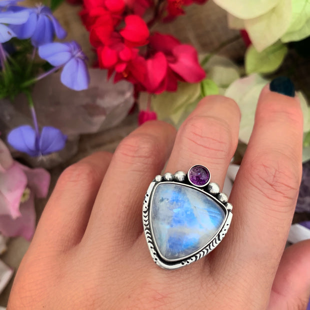 Moonstone and amethyst ring or necklace