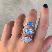 Floating moonstone & opal ring in silver
