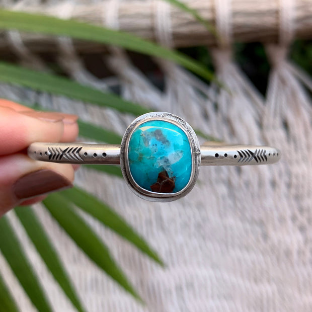 Hand-stamped Morenci turquoise cuff in silver