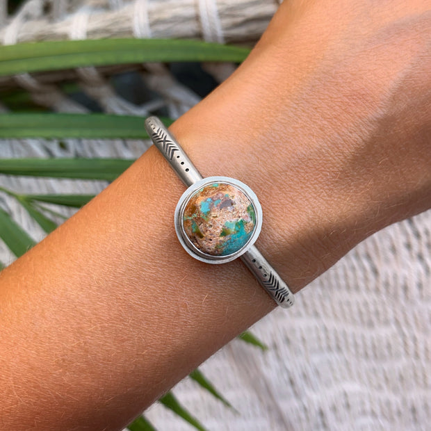 Hand-stamped Turquoise Mountain turquoise cuff in silver