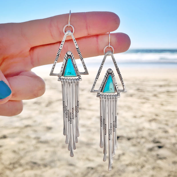Hand-stamped triangle turquoise fringe earrings in silver