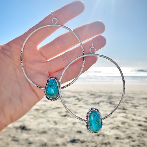 Stamped turquoise hoops in silver