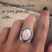 Item #39: Cutout border ring with medium Mexican opal in 14K gold-fill
