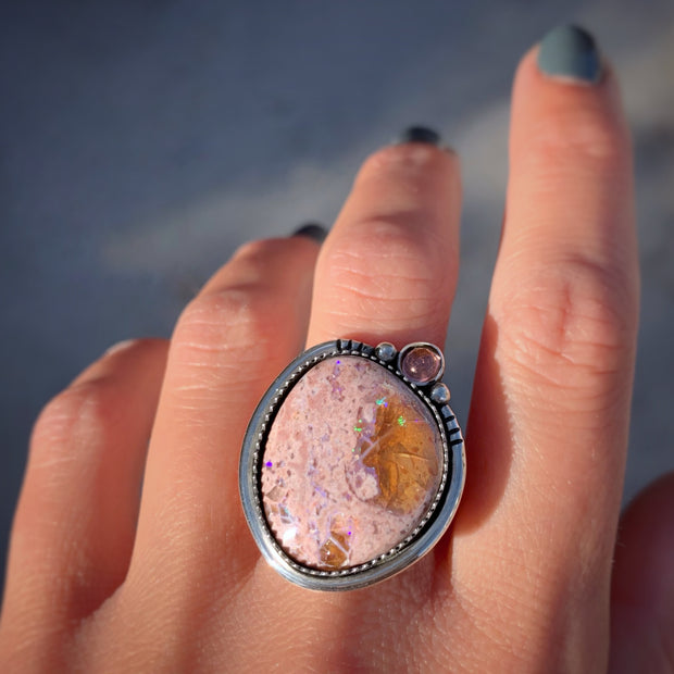 Mexican fire opal and pink tourmaline ring in silver