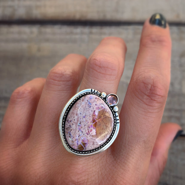 Mexican fire opal and pink tourmaline ring in silver