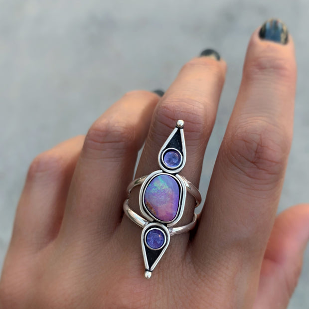Australian opal and tanzanite ring in silver