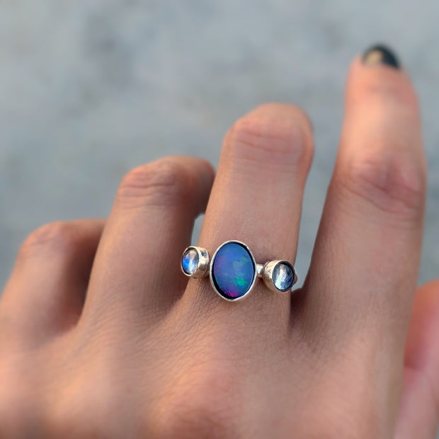 Australian opal and moonstone ring in silver