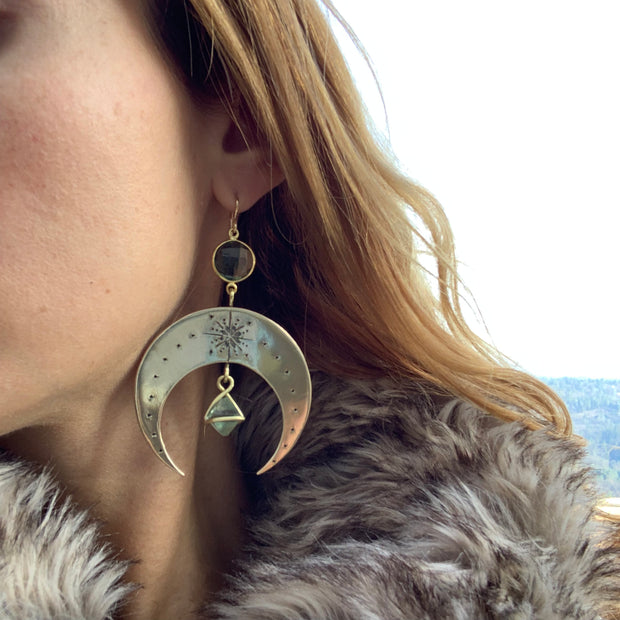 Made-to-order brass moon earrings with aqua quartz & fluorite