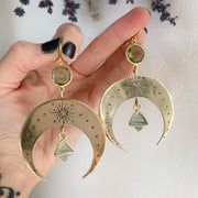 Hand-stamped brass moon earrings with aqua quartz & fluorite
