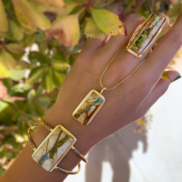 Hand-stamped Royston ribbon turquoise cuff in brass