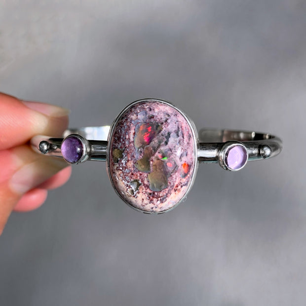 Mexican opal & lavender amethyst cuff in silver