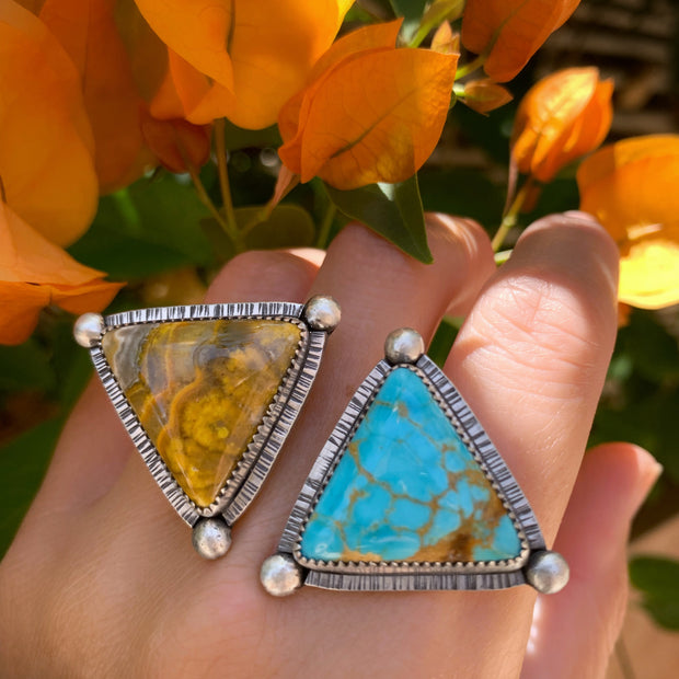 Double triangle ring with Royston turquoise and Bumble Bee jasper