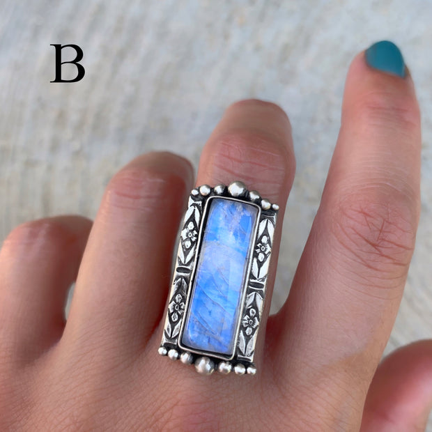 Large Victorian-style rectangular moonstone ring