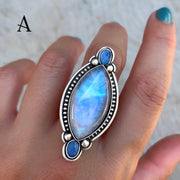 Rainbow moonstone and fire opal ring in silver