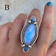 Rainbow moonstone and fire opal ring in silver