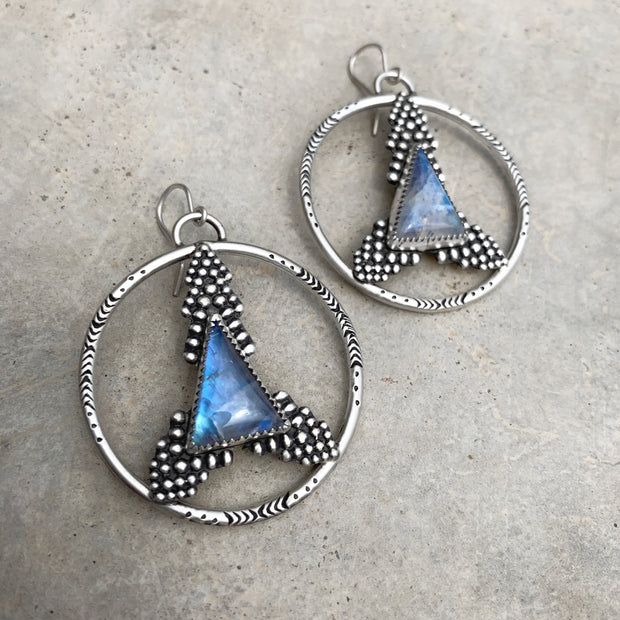 Moonstone triangle hoops with granulation