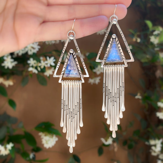 Moonstone triangle fringe earrings in silver