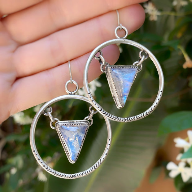 Moonstone triangle dangle hoops