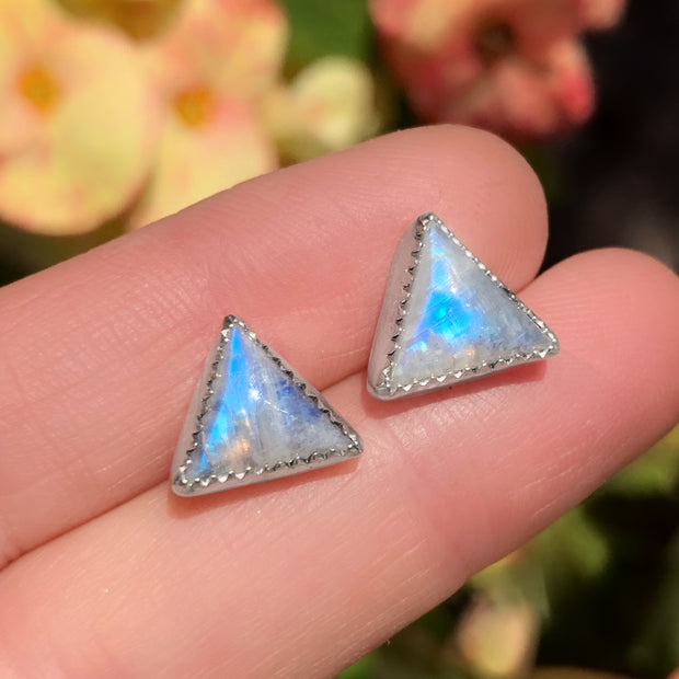Moonstone triangle studs with removable stamped fringe ear jacket