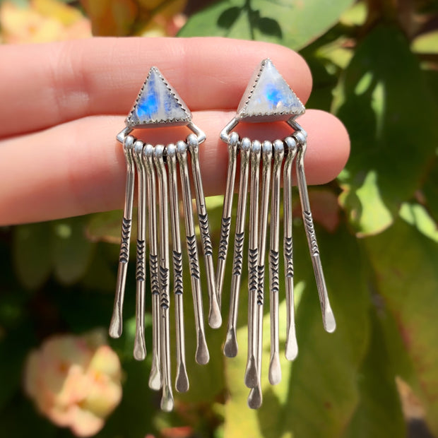 Moonstone triangle studs with removable stamped fringe ear jacket