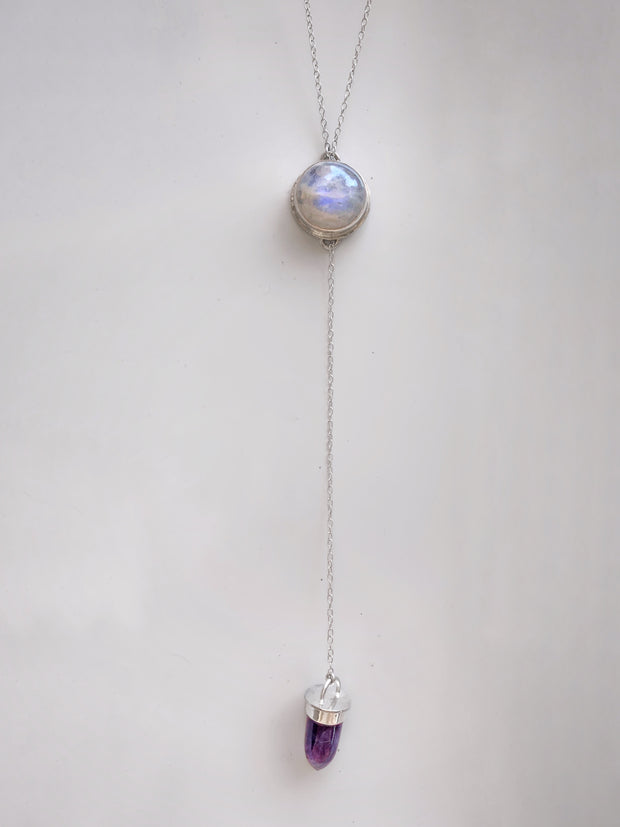 Moonstone & fluorite lariat necklace in silver