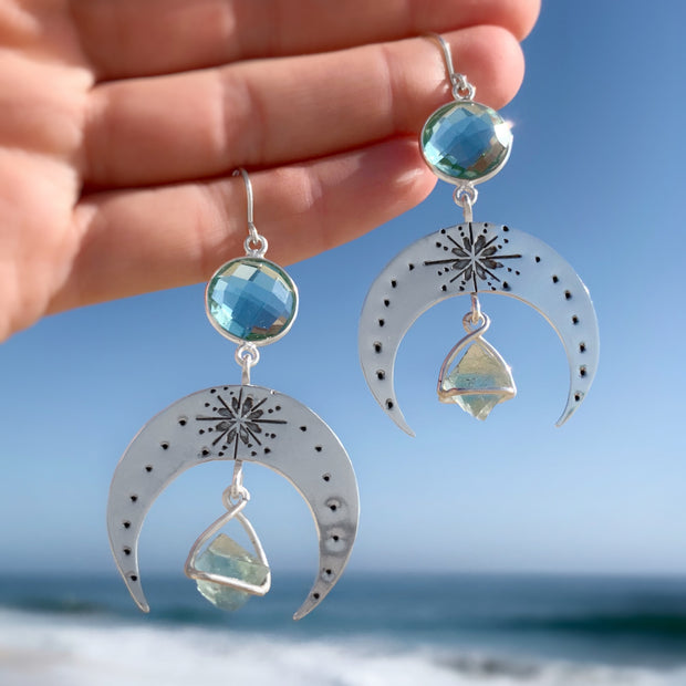Small stamped silver moon earrings with aqua quartz & fluorite