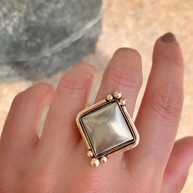 RESERVED FOR JILLIAN - Remaining balance on Pyrite square set in 14K gold-fill with solid 14K gold granules