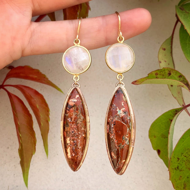 Moonstone & native copper dangle earrings in 14K gold-fill