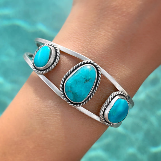 Triple-turquoise statement cuff in silver