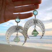 Made-to-order stamped silver moon earrings with aqua quartz & fluorite