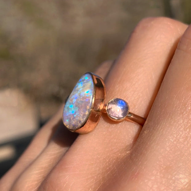 Australian opal & moonstone ring in 14K gold-fill (size 8)