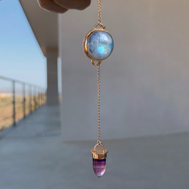 Moonstone & fluorite lariat necklace in 14K gold-fill