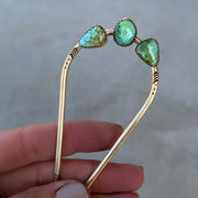 Hand-stamped turquoise hair fork in brass (4 1/4" long)