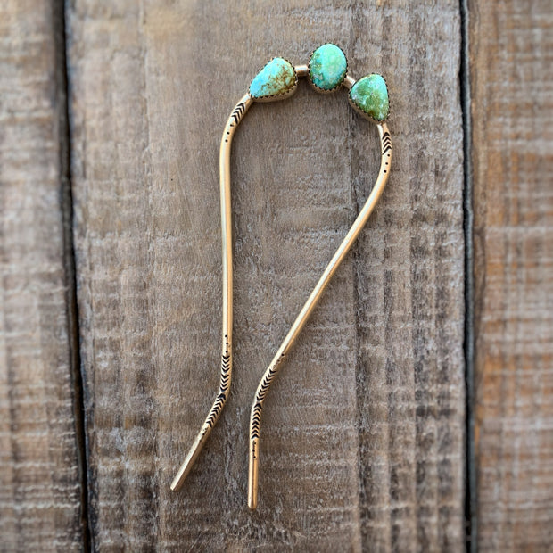 Hand-stamped turquoise hair fork in brass (4 1/4" long)