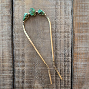 Hand-stamped turquoise hair fork in brass (4 3/4" long)