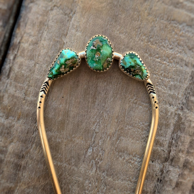 Hand-stamped turquoise hair fork in brass (4 3/4" long)