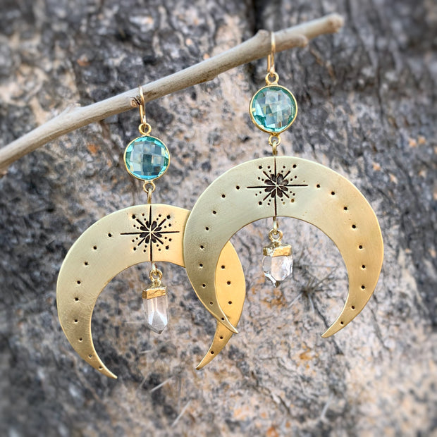 Hand-stamped brass moon earrings with aqua quartz & quartz crystal points