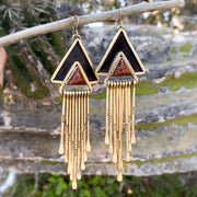 Native copper shadowbox triangle fringe earrings in brass with 14K gold-filled ear wires
