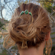 Hand-stamped turquoise hair fork in brass (4 3/4" long)