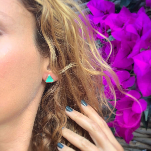 Turquoise triangle studs with removable stamped fringe ear jacket