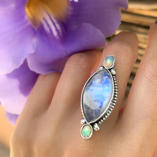 Rainbow moonstone and fire opal ring in silver
