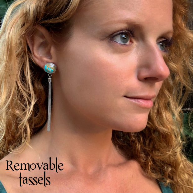 Turquoise studs with optional removable hoops, tassels or fringe add-ons