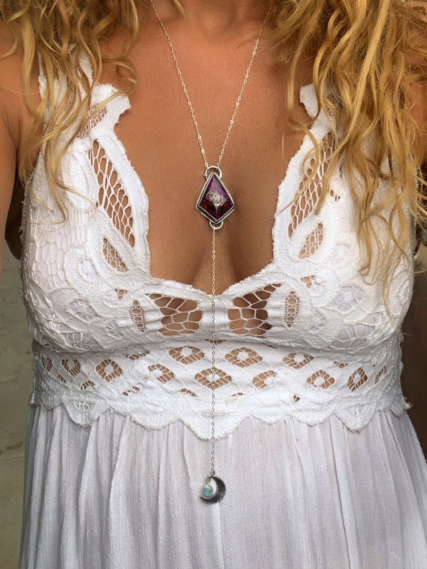 Sugilite & moonstone lariat necklace in silver