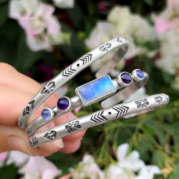 Hand-stamped cuff set with moonstone, amethyst & tanzanite