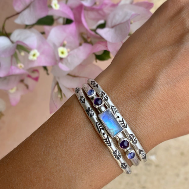 Hand-stamped cuff set with moonstone, amethyst & tanzanite